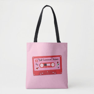 Illustration of a red plastic audio cassette tape, tote bag