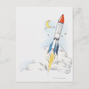 Illustration of a rocket taking off postcard