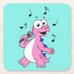 Illustration Of A Singing Stegosaurus. Square Paper Coaster