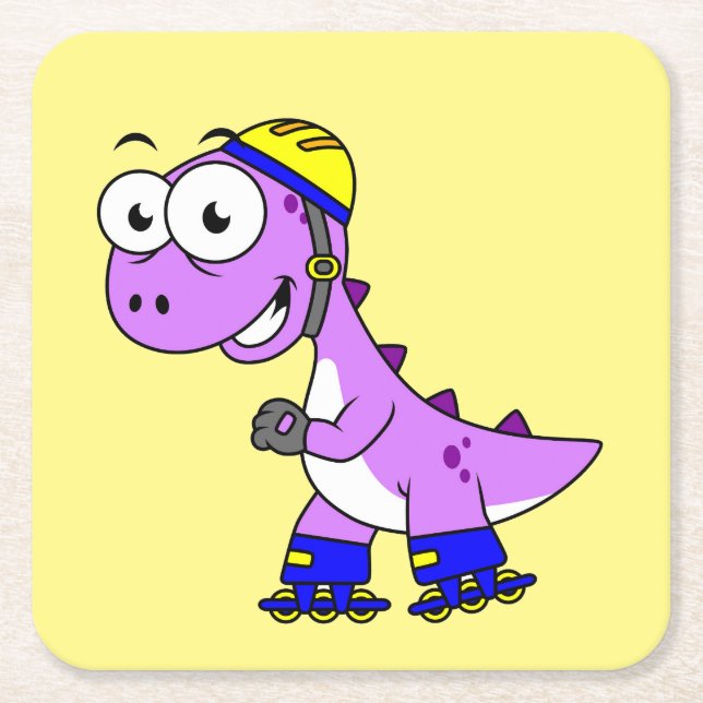 Illustration Of A Skating Tyrannosaurus Rex. Square Paper Coaster (Front)