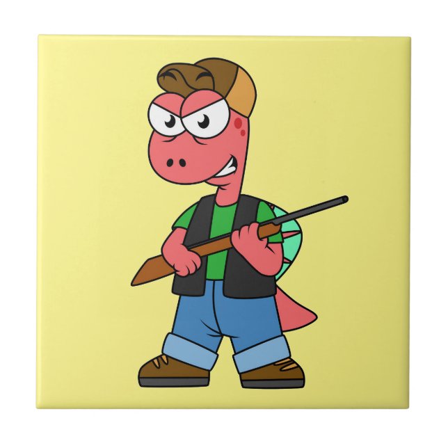 Illustration Of A Spinosaurus Hunter With Gun. Tile (Front)