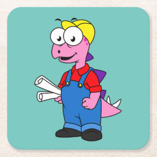Illustration Of A Stegosaurus Construction Worker. Square Paper Coaster