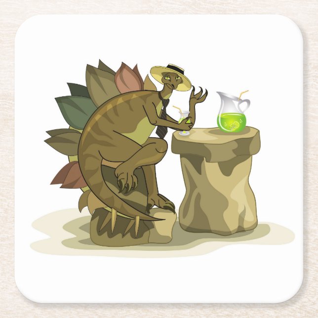 Illustration Of A Stegosaurus Drinking A Beverage. Square Paper Coaster (Front)