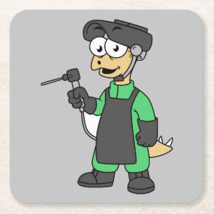 Illustration Of A Stegosaurus Welder. Square Paper Coaster