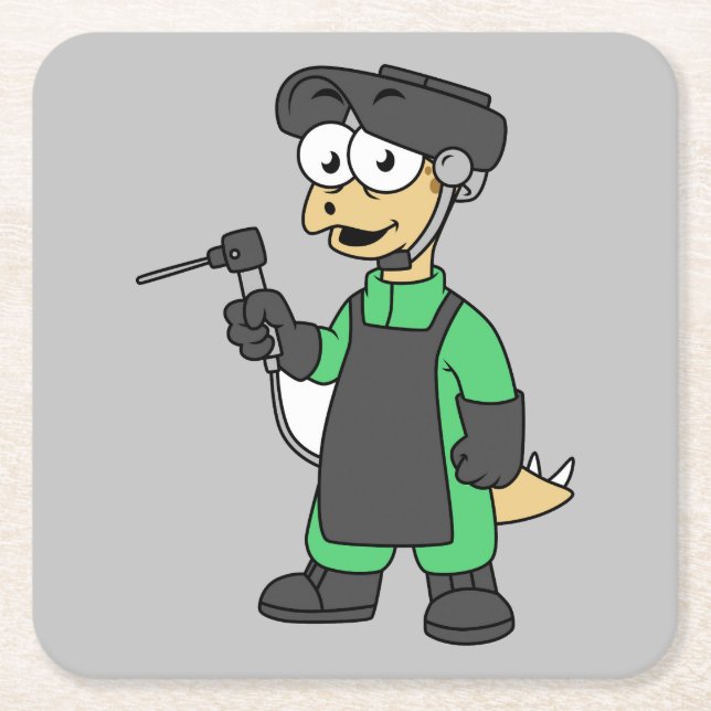 Illustration Of A Stegosaurus Welder. Square Paper Coaster (Front)