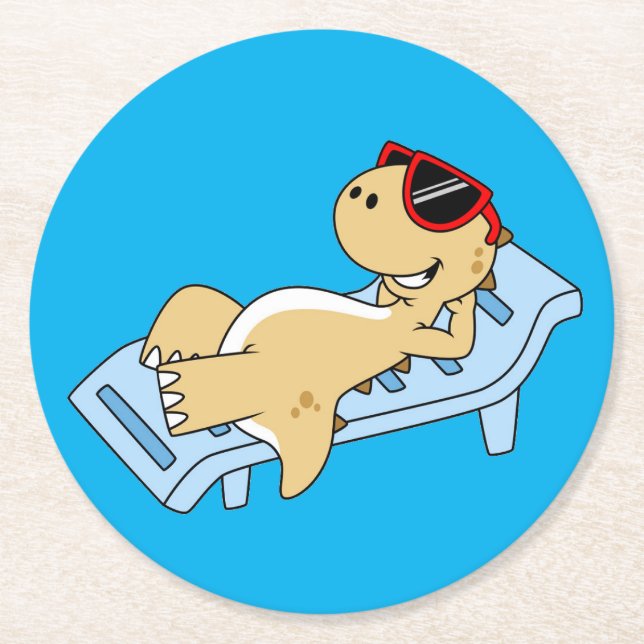 Illustration Of A Sunbathing Tyrannosaurus Rex. Round Paper Coaster (Front)