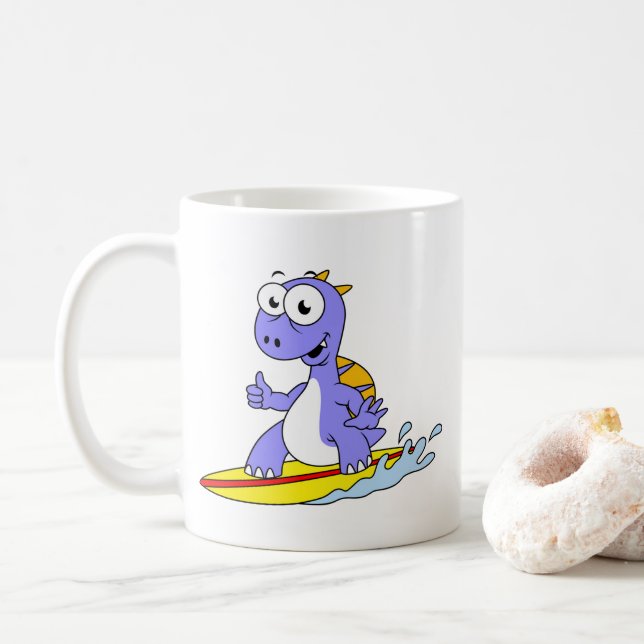 Illustration Of A Surfing Spinosaurus. Coffee Mug (With Donut)
