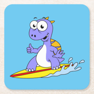 Illustration Of A Surfing Spinosaurus. Square Paper Coaster