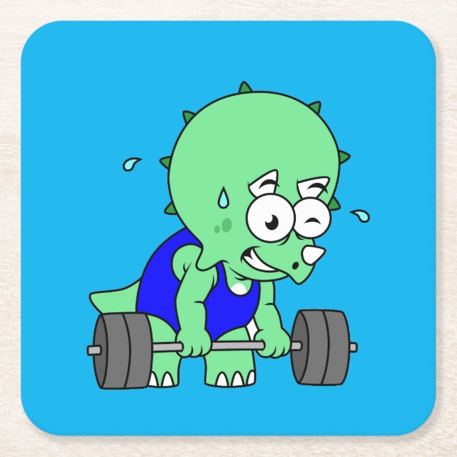 Illustration Of A Triceratops Lifting Weights. Square Paper Coaster (Front)