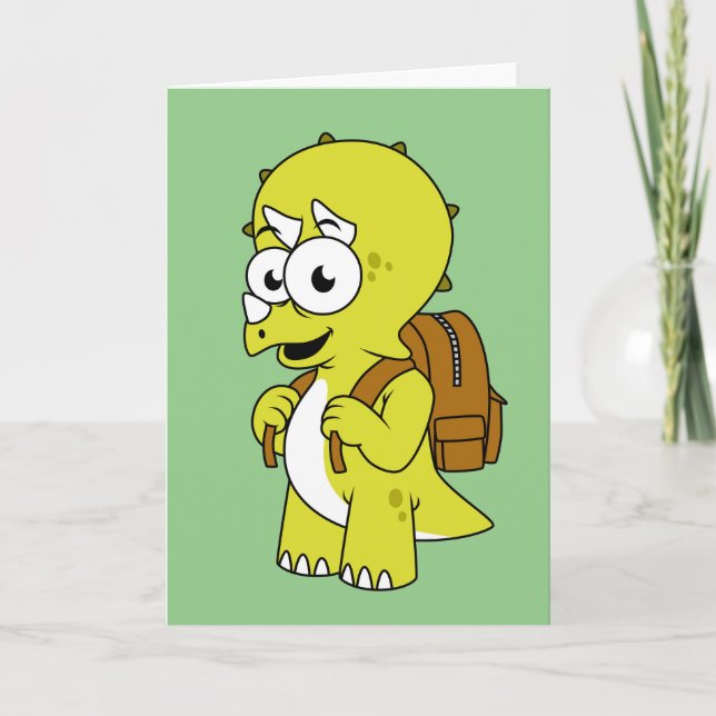 Illustration Of A Triceratops With Backpack. Card (Front)