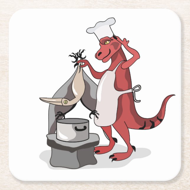 Illustration Of A Tyrannosaurus Rex Chef Cooking. Square Paper Coaster (Front)