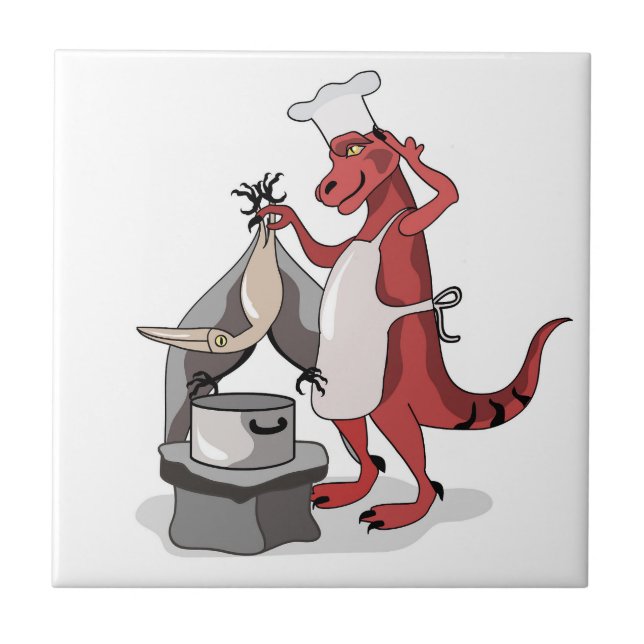 Illustration Of A Tyrannosaurus Rex Chef Cooking. Tile (Front)