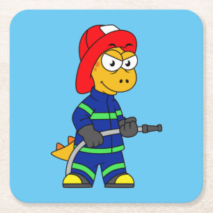 Illustration Of A Tyrannosaurus Rex Firefighter. Square Paper Coaster