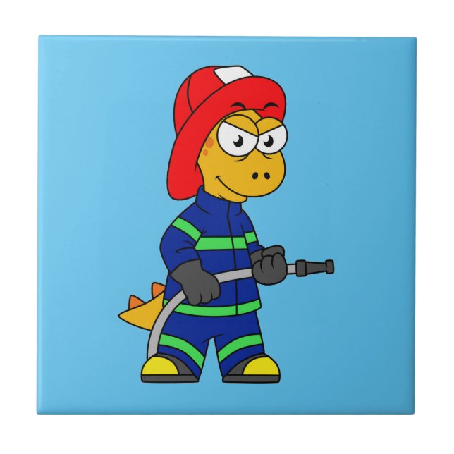 Illustration Of A Tyrannosaurus Rex Firefighter. Tile (Front)