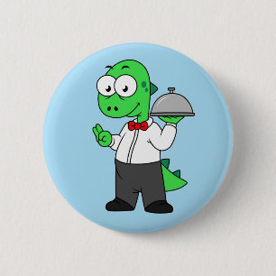 Illustration Of A Tyrannosaurus Rex Food Waiter. 6 Cm Round Badge