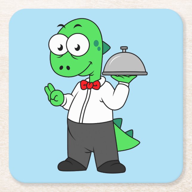 Illustration Of A Tyrannosaurus Rex Food Waiter. Square Paper Coaster (Front)