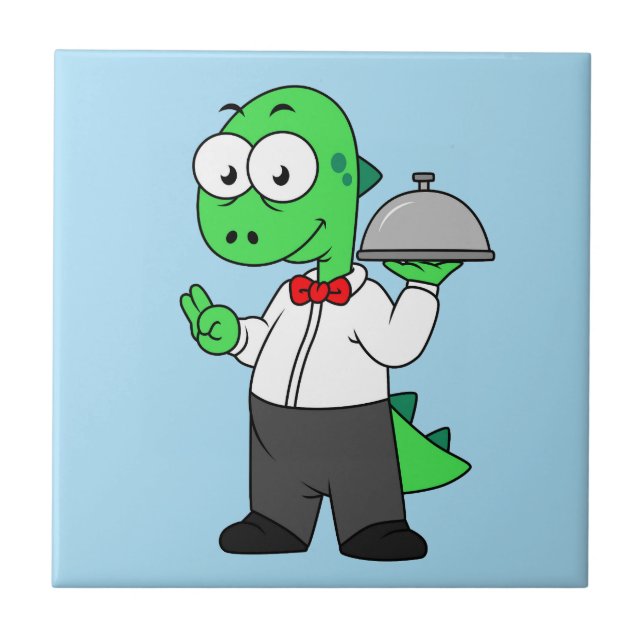 Illustration Of A Tyrannosaurus Rex Food Waiter. Tile (Front)