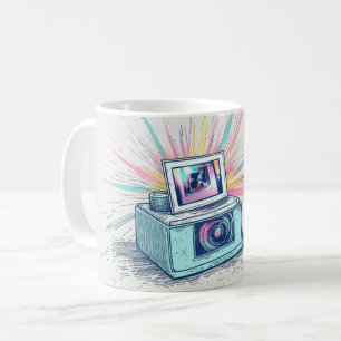 Illustration of a vintage-style instant camera coffee mug