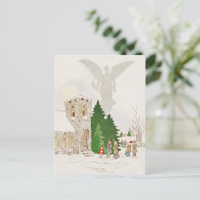 Illustration of a White Christmas with an Angel  Holiday Postcard (Standing Front)