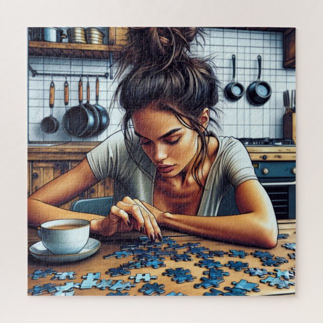 Illustration of a Woman Doing a Puzzle (Vertical)