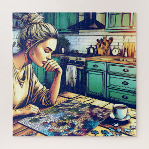 Illustration of a Woman Doing a Puzzle