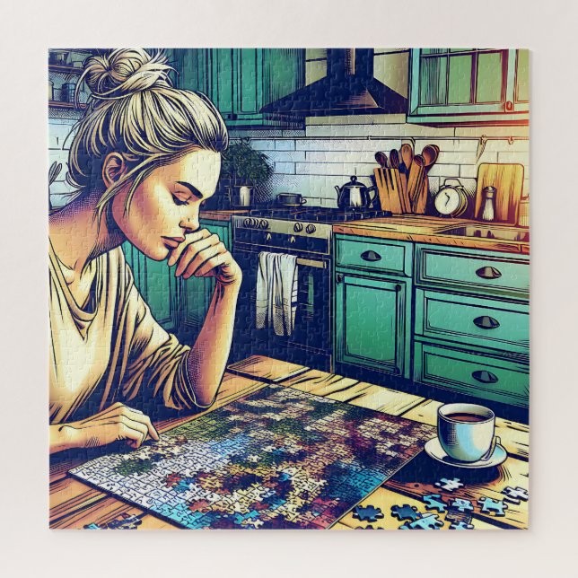 Illustration of a Woman Doing a Puzzle (Vertical)