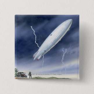 Illustration of airship being struck by lightning 15 cm square badge
