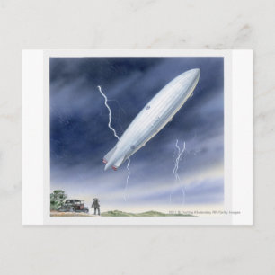 Illustration of airship being struck by lightning postcard