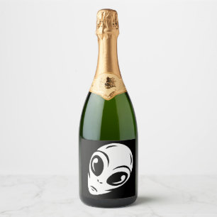 Illustration of alien head in engraving style sparkling wine label