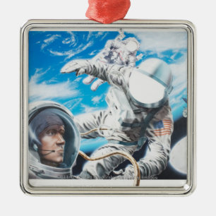 Illustration of American astronauts in space Metal Tree Decoration