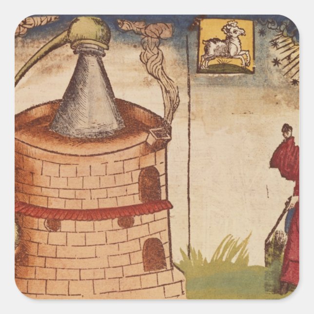 Illustration of an alchemist at work square sticker (Front)