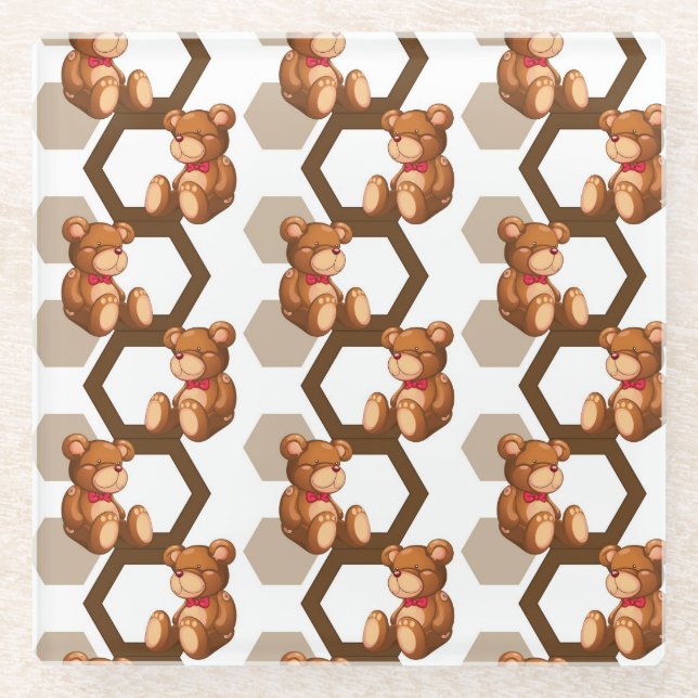 illustration of an array of teddy bear on white glass coaster (Front)