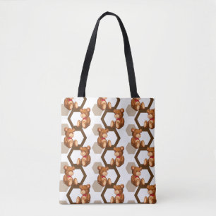 illustration of an array of teddy bear on white tote bag