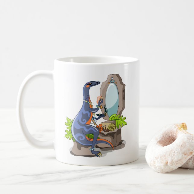 Illustration Of An Iguanodon Putting On Make-Up. Coffee Mug (With Donut)