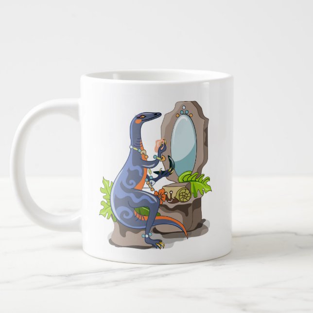 Illustration Of An Iguanodon Putting On Make-Up. Large Coffee Mug (Left)