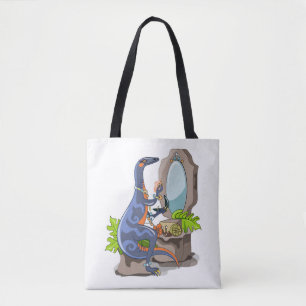 Illustration Of An Iguanodon Putting On Make-Up. Tote Bag
