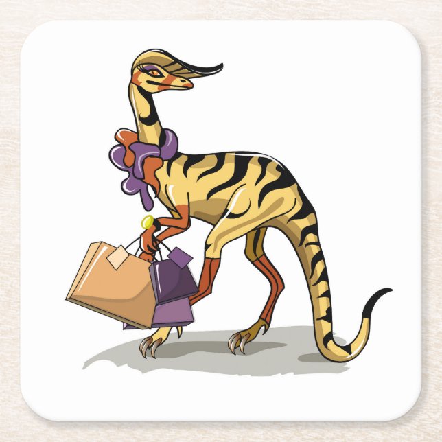Illustration Of An Iguanodon With Shopping Bags. Square Paper Coaster (Front)