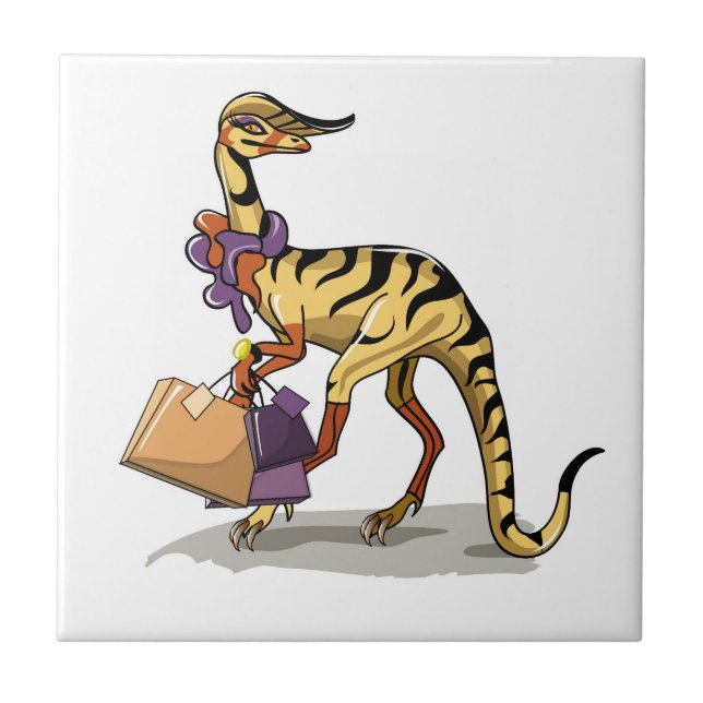 Illustration Of An Iguanodon With Shopping Bags. Tile (Front)
