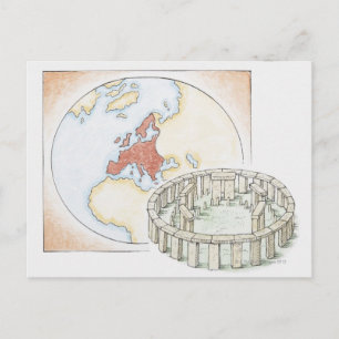 Illustration of ancient stone circle in front of postcard