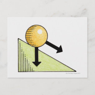 Illustration of ball moving down a slope, arrows postcard