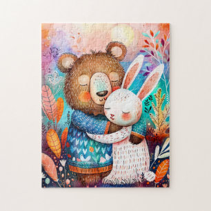 Illustration of bear hugging rabbit in forest. jigsaw puzzle