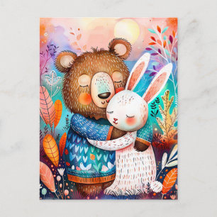 Illustration of bear hugging rabbit in forest. postcard