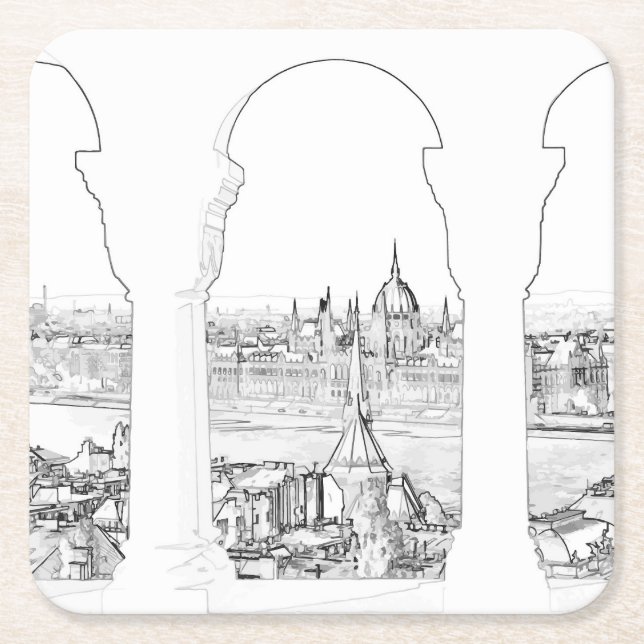 Illustration of Budapest and hungarian parliament Square Paper Coaster (Front)