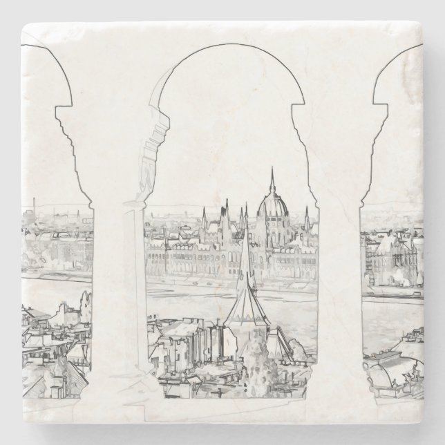 Illustration of Budapest and hungarian parliament Stone Coaster (Front)