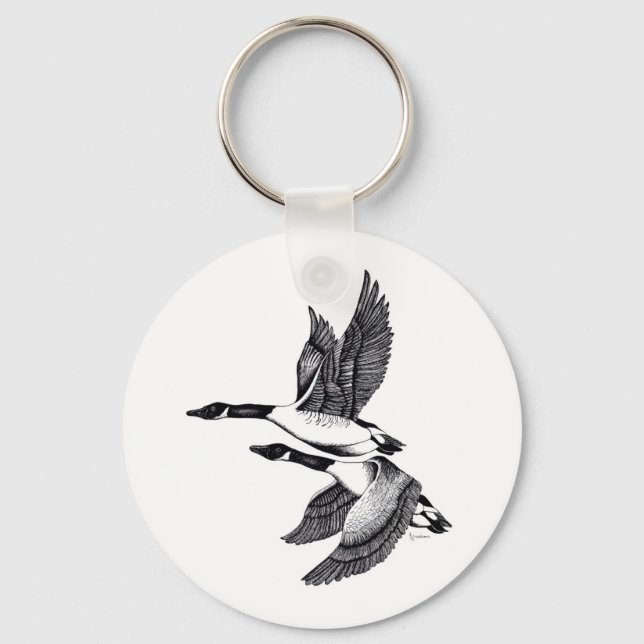 Illustration of Canada Geese on button keyring (Front)