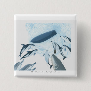 Illustration of dolphins looking up at a boat 15 cm square badge