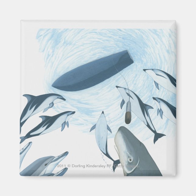Illustration of dolphins looking up at a boat magnet (Front)