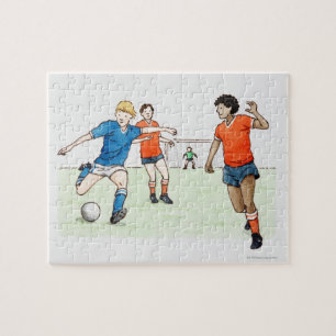 Illustration of footballers playing jigsaw puzzle