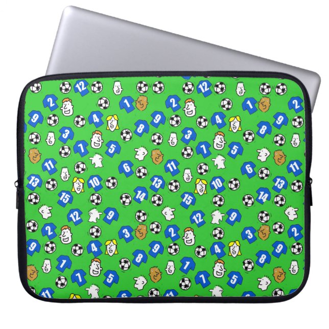 Illustration of Footballs, Blue Shirts, & Fans Laptop Sleeve (Front)