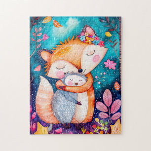 Illustration of fox hugging hedgehog in forest. jigsaw puzzle